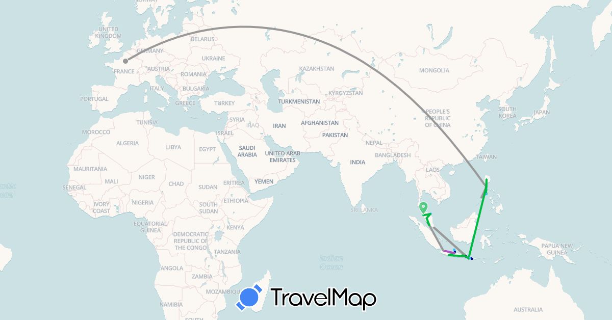 TravelMap itinerary: driving, bus, plane, train, boat in France, Indonesia, Malaysia, Philippines, Singapore (Asia, Europe)